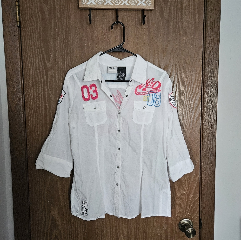Harley Davidson White Button Up Quarter Length Sleeve Blouse